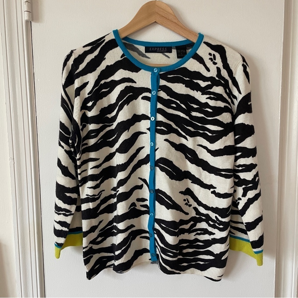 Vintage Y2K Zebra animal print sweater cardigan button-down Crewneck Large